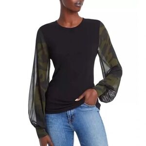 GENERATION LOVE Sz M Black Green‎ Knit NOELLE Sheer Chiffon Camo-Sleeve Top